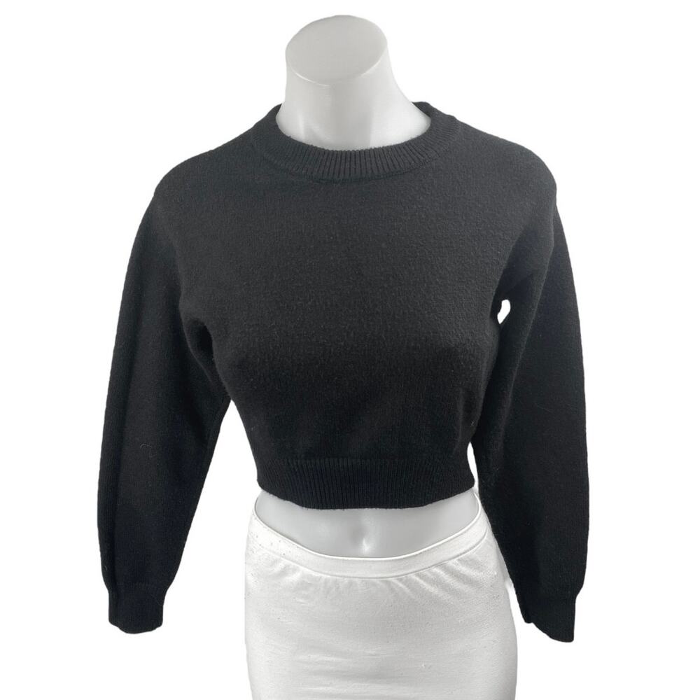 Kendall & Kylie Black Long Balloon Sleeve Crew Neck Cropped Sweater Top Size XS